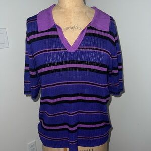 Liz Claiborne Purple and Black Striped V-Neck Knit Sweater